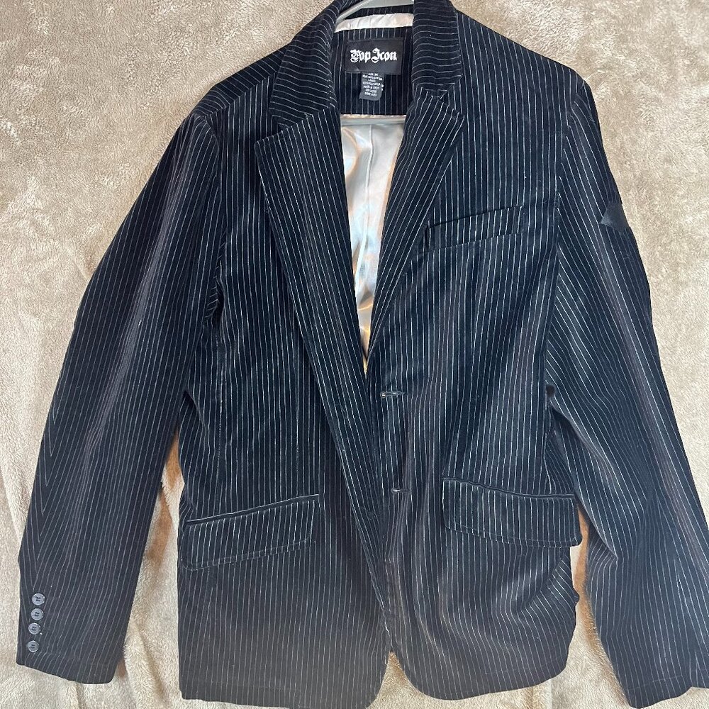 Pop Icon Blazer Jacket Long Sleeves Button Front Striped Black Mens Medium